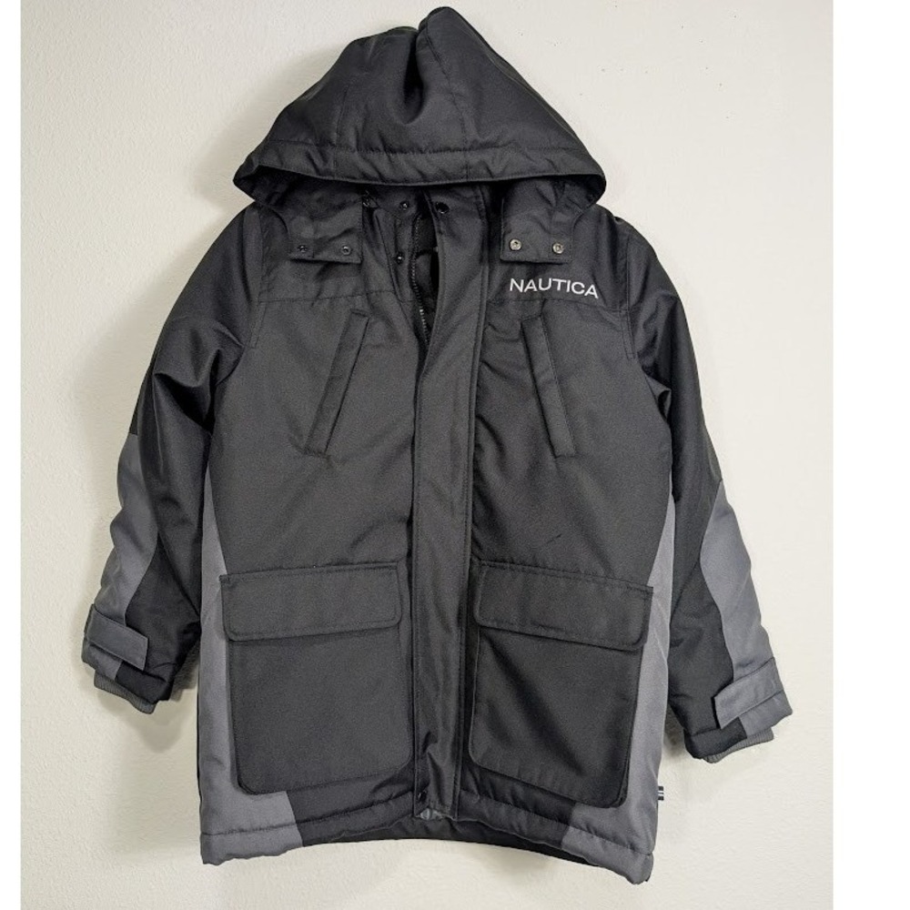 Nautica Boys Black Grey Hooded Puffer Parka Winter Coat Size M 10/12